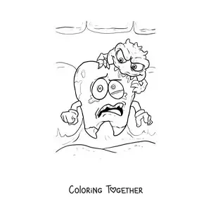 Coloring page of a cartoon tooth scared because it has a cavity