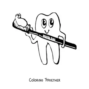 Coloring page of a smiling cartoon tooth holding a toothbrush with toothpaste