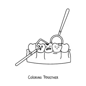 Coloring page of cartoon teeth with cavities along with dentistry instruments