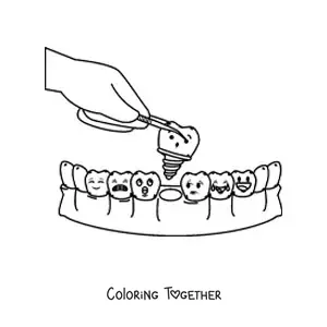 Coloring page of a cartoon tooth being extracted by the dentist