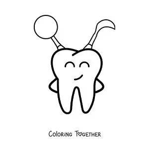 Coloring page of a happy cartoon tooth holding dentistry instruments