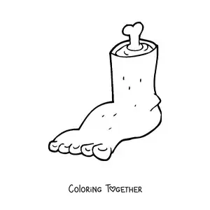 Coloring page of a cartoon amputated foot with a bone sticking out