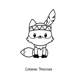 Coloring page of a kawaii cartoon fox sitting with a feather headdress on its head