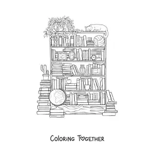 Coloring page of several books arranged in a library