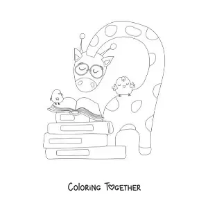 Coloring page of a cartoon giraffe reading a book next to some birds