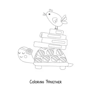 Coloring page of a cartoon turtle carrying a stack of books on its shell