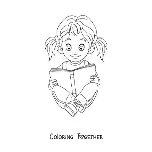 Coloring page of a girl sitting and reading a book