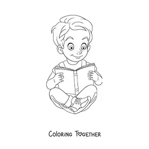 Coloring page of a boy sitting and reading a book