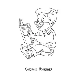 Coloring page of a boy with glasses reading a book