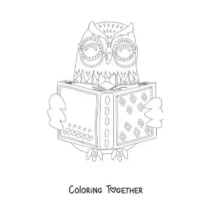 Coloring page of a cartoon owl reading a book