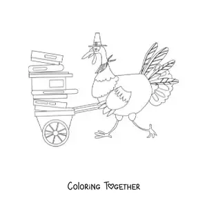 Coloring page of a cartoon turkey with books stacked in a wheelbarrow