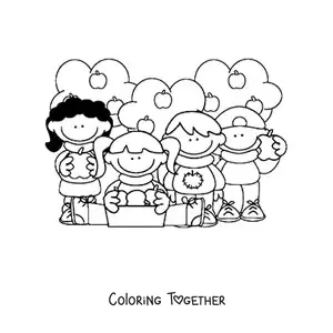 Coloring page of children eating apples with apple trees in the background