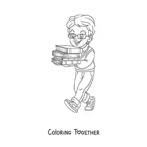 Coloring page of a boy carrying several stacked books