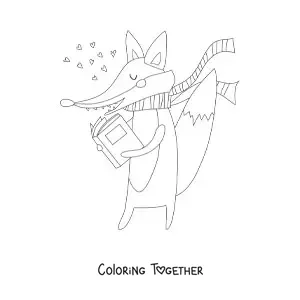 Coloring page of a cartoon fox reading a book