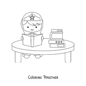 Coloring page of a kawaii superhero girl reading a book