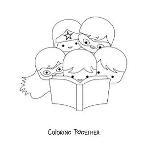 Coloring page of several superhero kids reading a book together