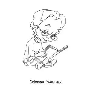 Coloring page of a girl with glasses sitting and reading a book