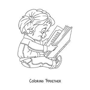 Coloring page of a girl reading a book
