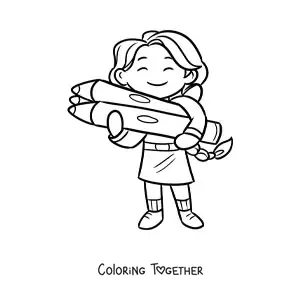 Coloring page of a kawaii girl holding three giant colored pencils