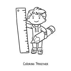 Coloring page of a kawaii boy holding a pencil and a giant ruler