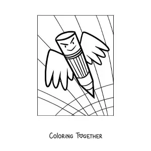 Coloring page of a cartoon pencil with wings