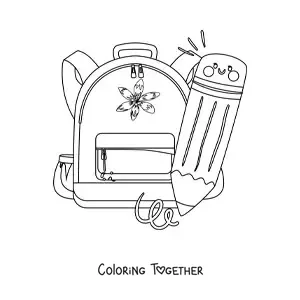 Coloring page of a kawaii cartoon pencil next to a school backpack
