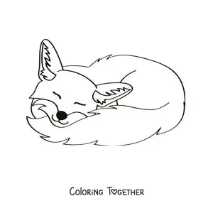 Coloring page of a smiling fox sleeping