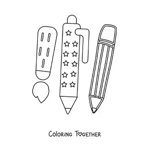 Coloring page of three school supplies
