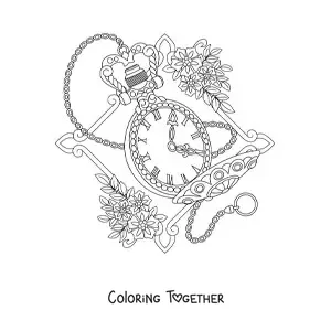 Coloring page of a cute antique clock showing the time