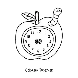 Coloring page of a kawaii apple clock
