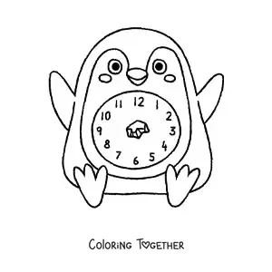 Coloring page of a kawaii penguin clock