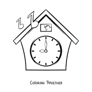Coloring page of a cuckoo clock showing the time