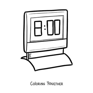 Coloring page of a digital clock showing the time