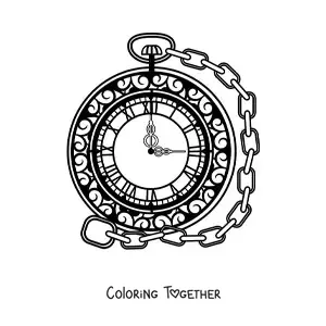 Coloring page of a pocket watch showing the time