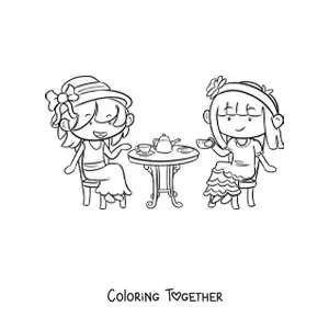 Coloring page of two kawaii girls having tea at a table