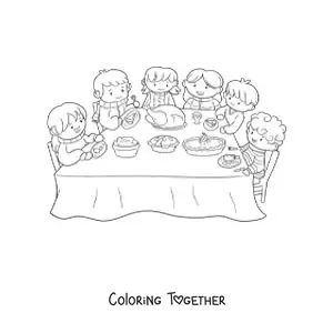 Coloring page of a family having dinner at a table with a tablecloth