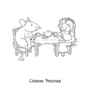 Coloring page of a girl and an animated mouse having tea at a wooden table
