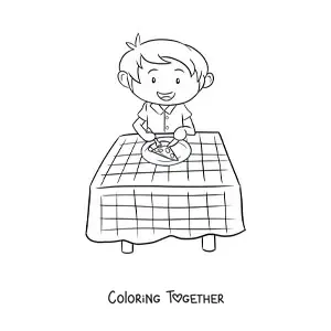 Coloring page of a boy eating pizza at a table with a checkered tablecloth