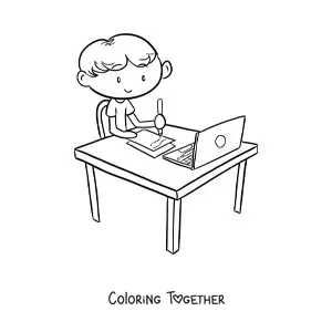 Coloring page of a boy doing homework at a table