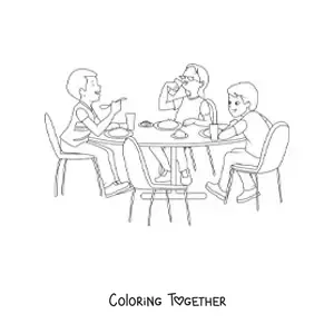 Coloring page of three kids eating at the table