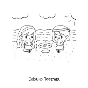 Coloring page of two kawaii girls having a snack at a round table
