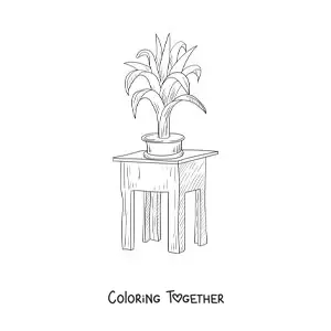 Coloring page of a plant on a small square table