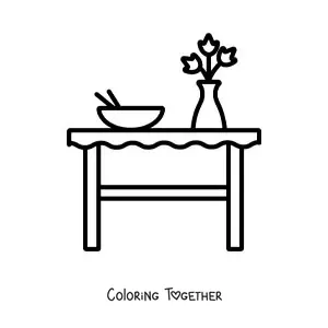 Coloring page of a table with a vase and a plate