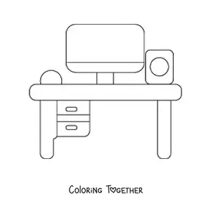 Coloring page of a desk with a computer