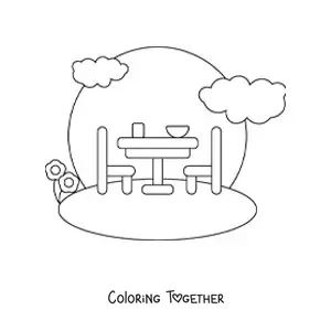 Coloring page of a table with chairs in a garden