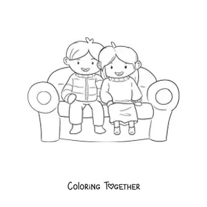 Coloring page of a kawaii couple sitting on an armchair