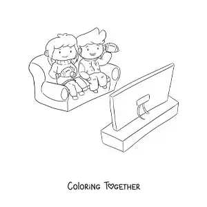Coloring page of two kids watching a soccer match while sitting on an armchair