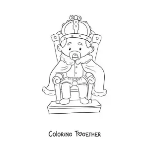 Coloring page of a kawaii king sitting on a throne