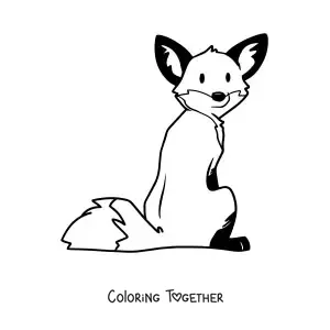 Coloring page of a cartoon fox sitting with its back turned and its head looking backward