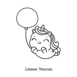 Coloring page of a kawaii unicorn floating with a balloon